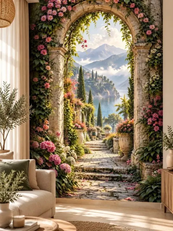 Floral Stone Arch with Lake View Wall Mural