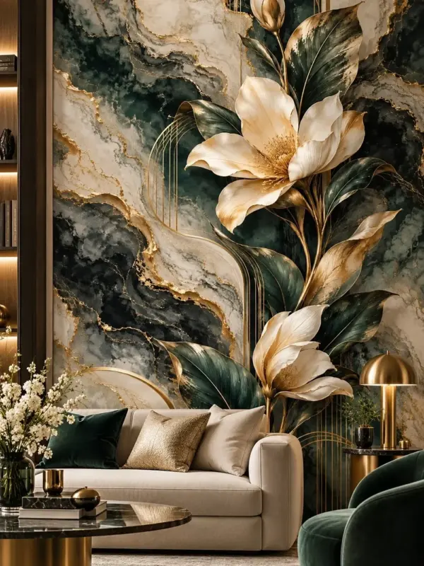 Golden Flower on Dark Marble Wall Mural