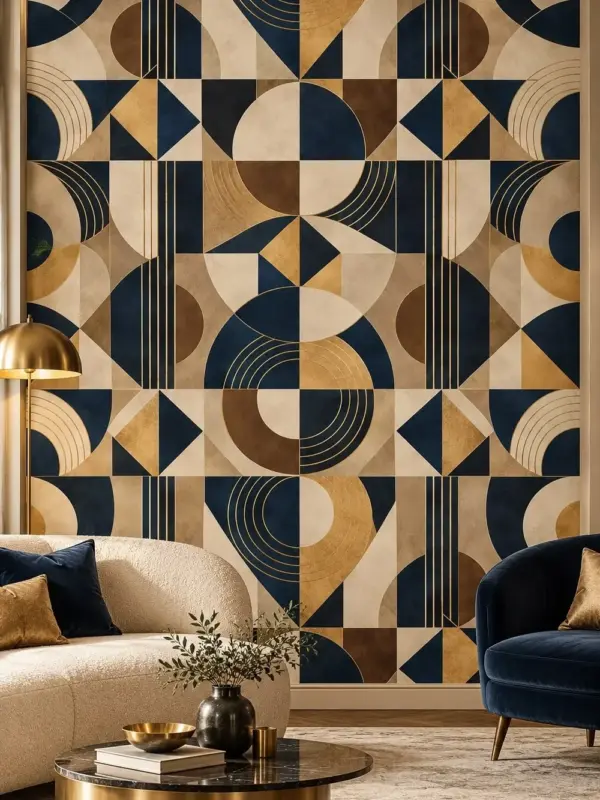 Navy, Gold and Brown Symmetrical Geometric Wallpaper
