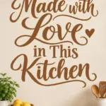 מדבקה עם הכיתוב 'Made with Love in This Kitchen' על קיר מטבח מודרני, עם רקע לבן ופריטי מטבח מעוצבים.