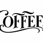 המילה 'COFFEE' באותיות שחורות עם כוס קפה קטנה ואדים, על רקע לבן.
