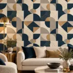 צורות גיאומטריות כמו עיגולים, קשתות ומשולשים בצבעים נייבי כחול, בז' וזהב