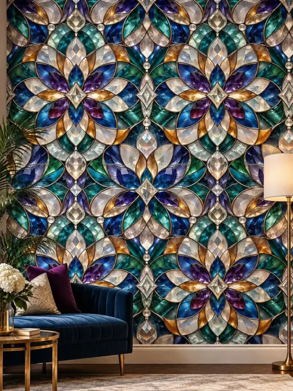 Geometric Flowers Stained Glass Effect Wallpaper