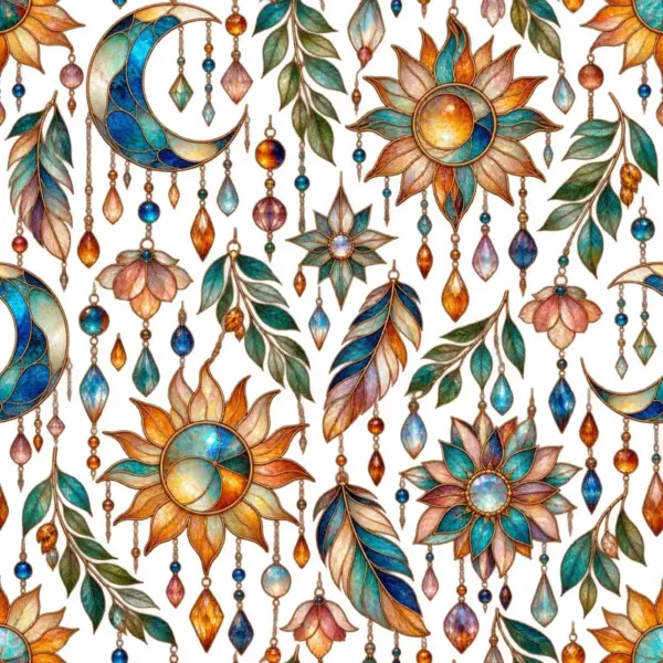 Crescent Moons and Sunflowers Stained Glass Wall Mural