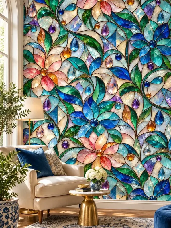 Stained Glass Mosaic Flowers Wall Mural