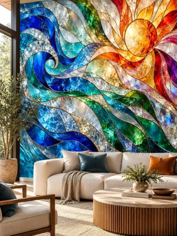 Sun and Waves Stained Glass Style Wall Mural