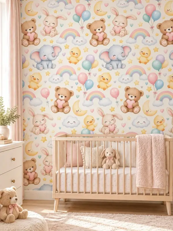 Animals and Rainbow Clouds Pastel Nursery Wall Mural