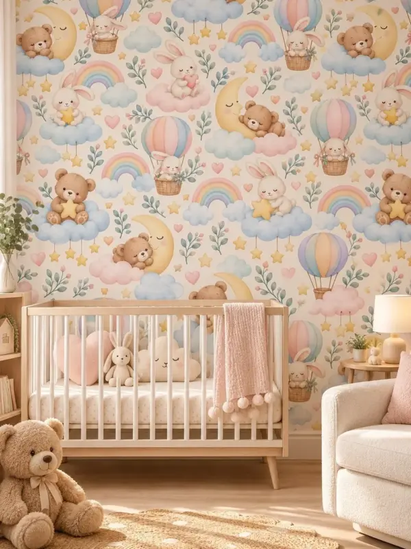 Bears and Bunnies on Clouds with Stars Wall Mural