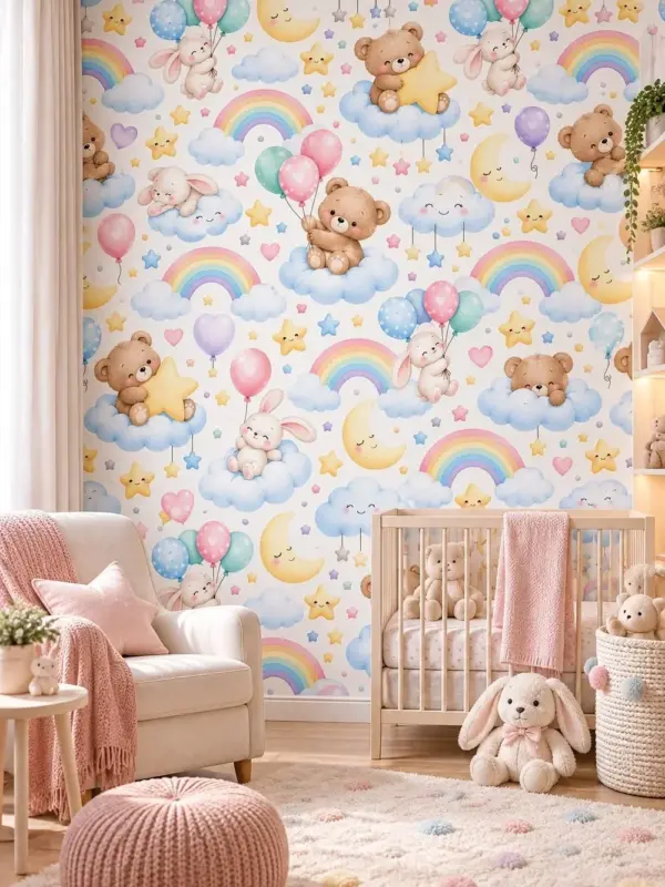 Floating Bears and Bunnies with Balloons Wall Mural