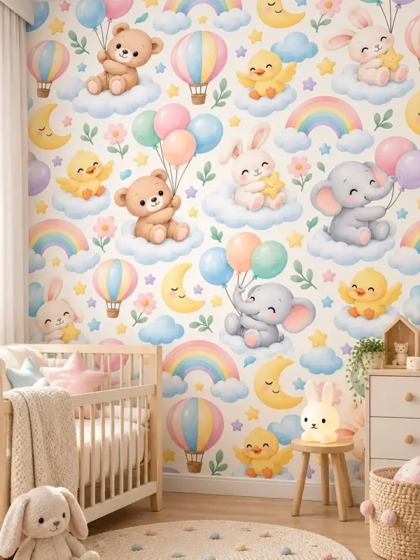 Animals with Balloons on Clouds Kids Wall Mural