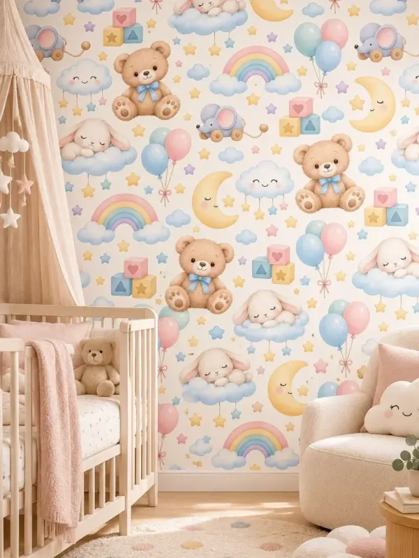 Bears, Bunnies and Mice in the Sky Nursery Wall Mural