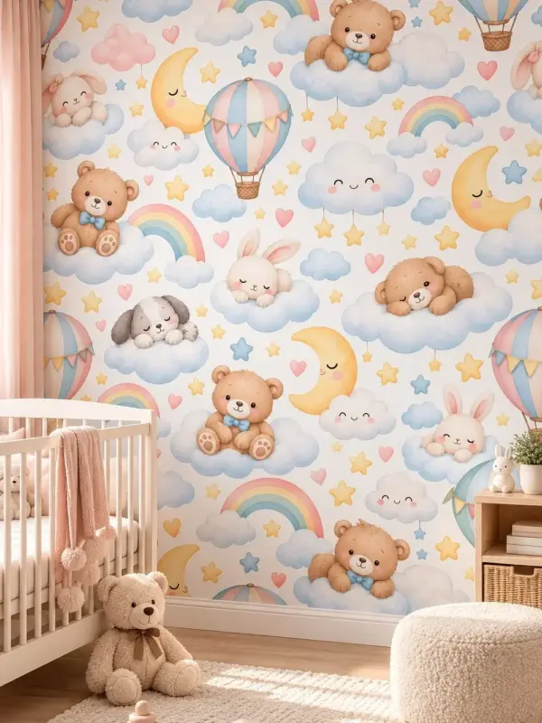 Teddy Bears and Puppy on Clouds Nursery Wall Mural