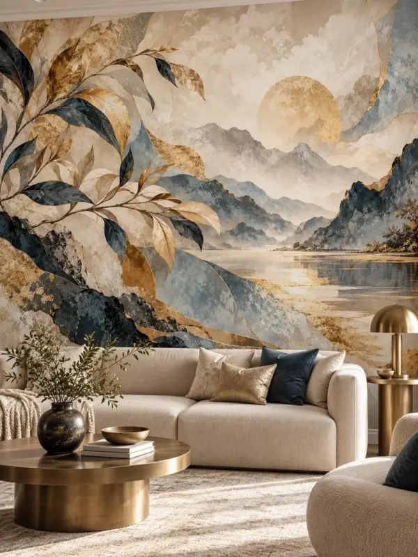 Abstract Landscape with Stylized Leaves Wall Mural