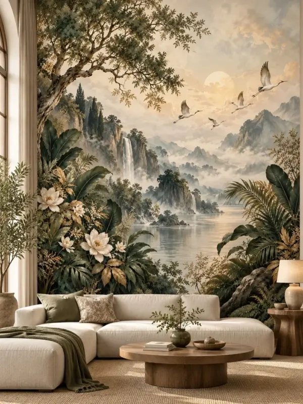 Cranes over a Misty River Wall Mural