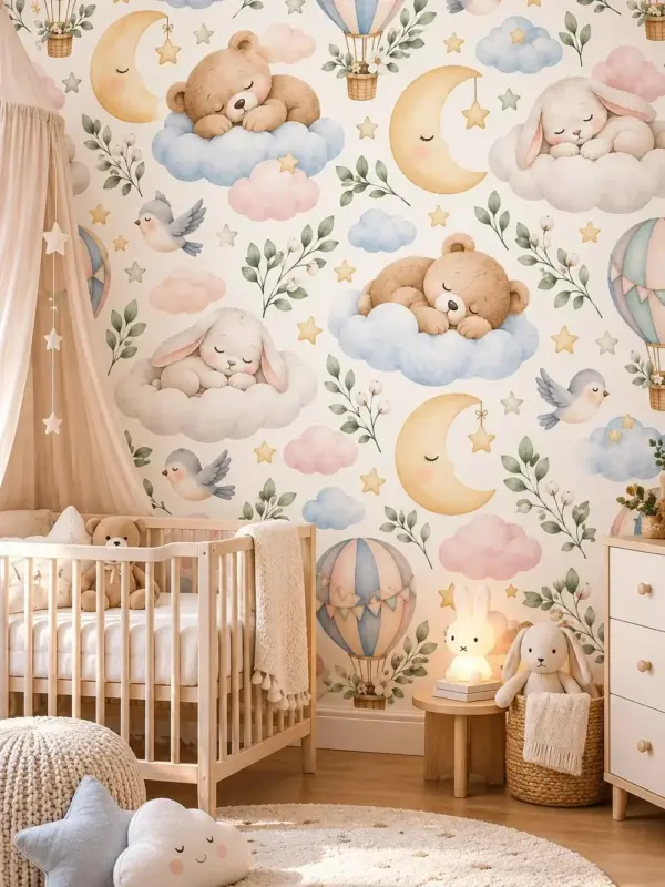 Sleepy Bear and Bunny on Clouds Nursery Wall Mural