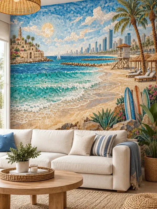 Beach and City Skyline with Surfboards Wall Mural