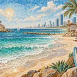 חוף עם עצי דקל וגלשנים, ברקע גורדי שחקים ושמש זורחת על הים.