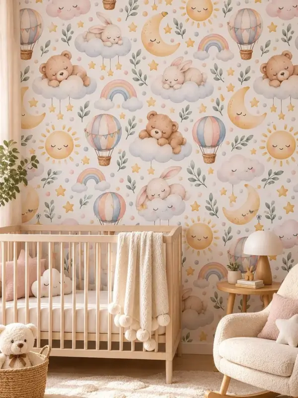 Sweet Animals in a Dreamy Sky Nursery Wallpaper