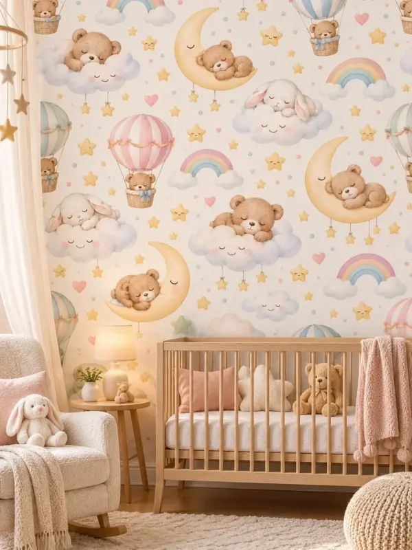Sleeping Bears on Clouds Nursery Wallpaper