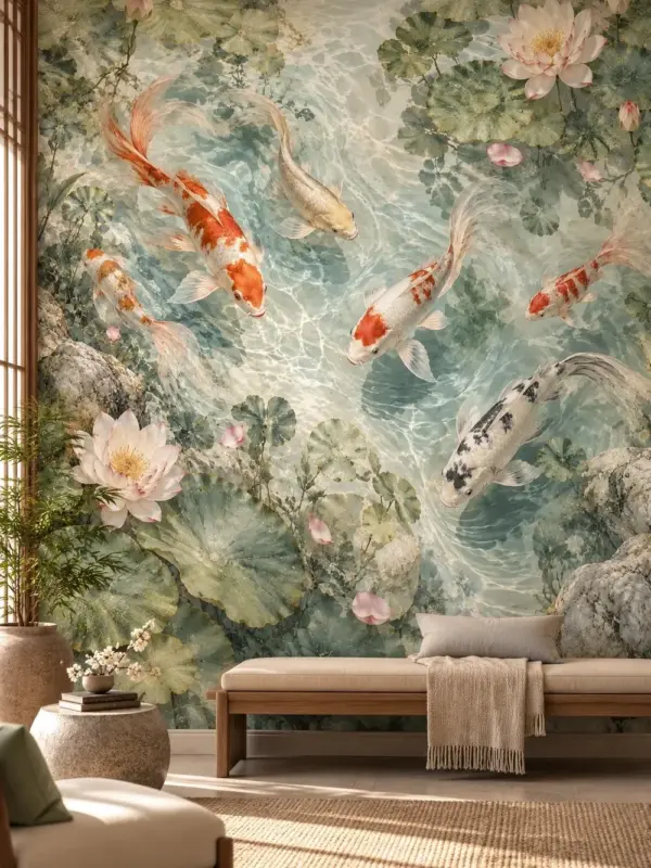 Koi Fish and Lotus Harmony Bathroom Wall Mural