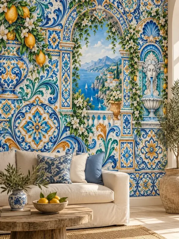 Mediterranean Coast with Lemons Bathroom Wall Mural