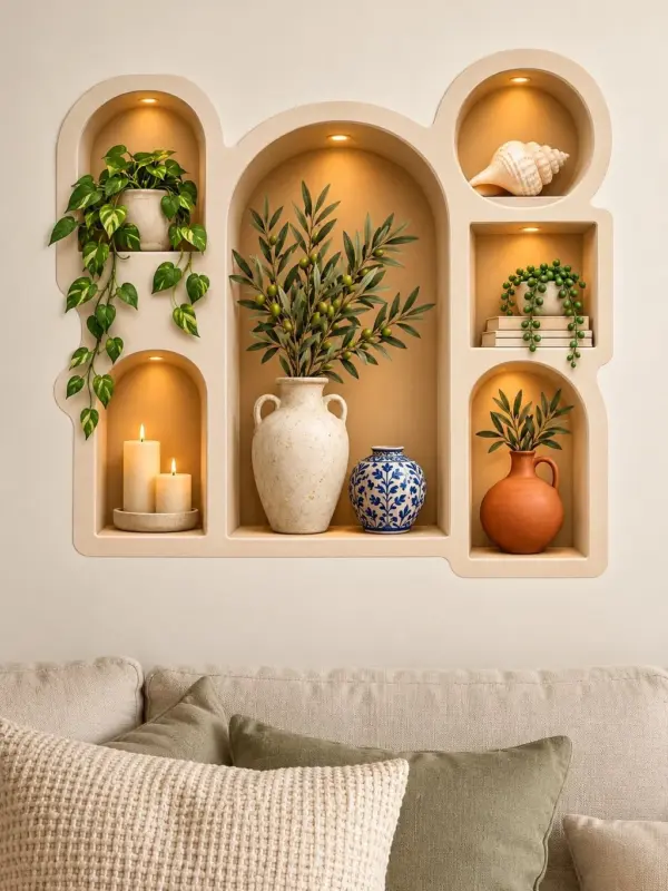 Warm Shelf with Potted Plants 3D Niche Wall Decal