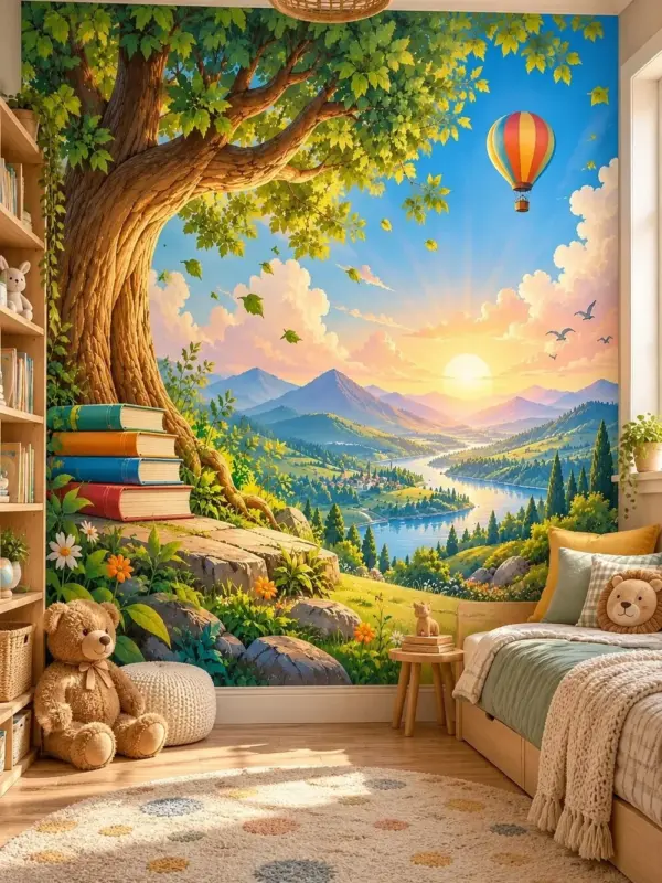 Tree with Books and Hot Air Balloon Kids Wall Mural