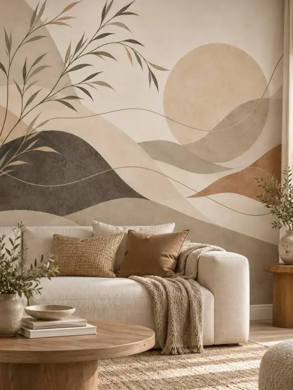 Abstract Botanical Hills and Sun Wall Mural