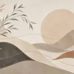 טפט עם גבעות מופשטות ושמש גדולה בגווני בז', חום ואפור עם עלים עדינים