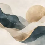 גלים מופשטים בצבעי כחול ובז' עם שמש גדולה בזהב, בעיצוב זורם ושכבתי.