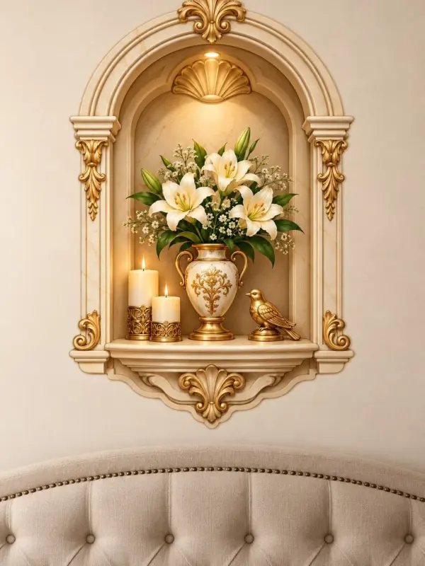 Vintage Vase with Candles and Bird 3D Niche Wall Decal