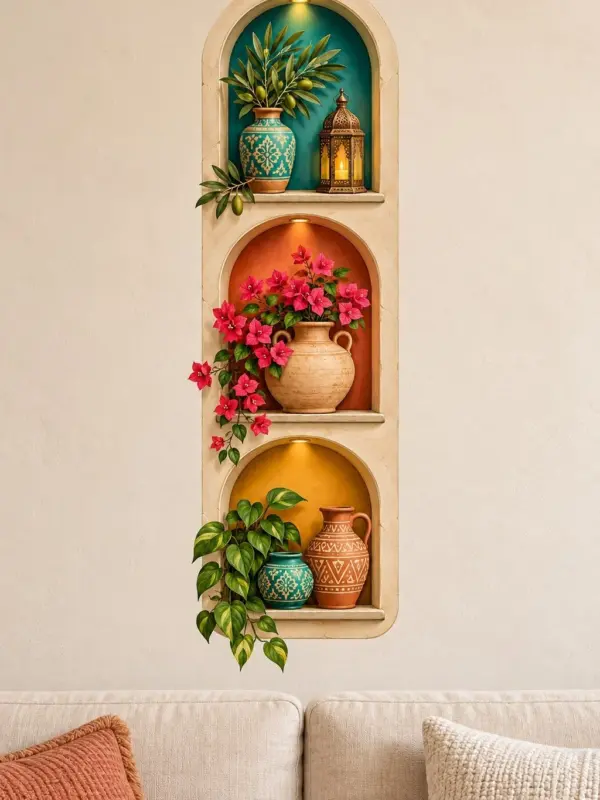 Vases and Plants in Warm Niches 3D Wall Decal