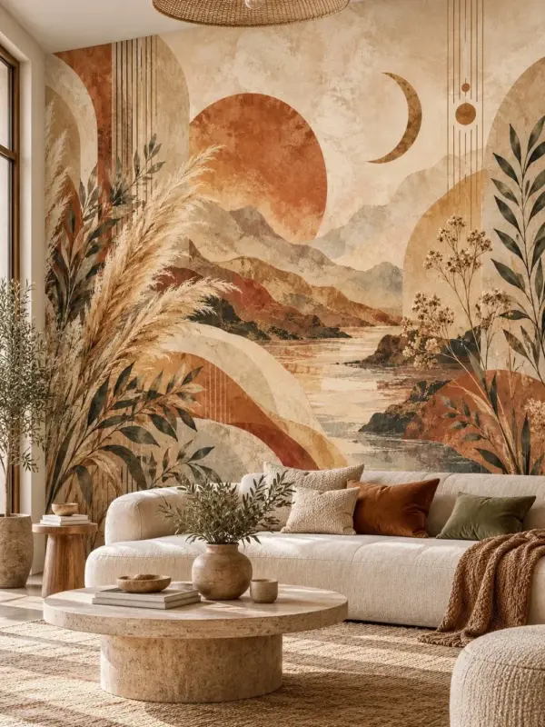 Abstract Landscape with Pampas and Crescent Moon Wall Mural