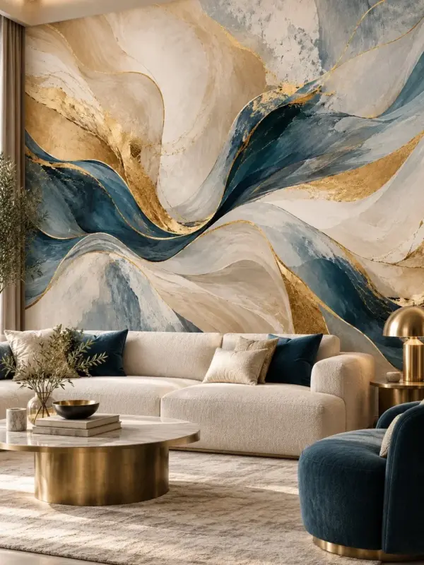 Blue and Gold Abstract Waves Wallpaper