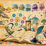 איורים של ציוני דרך היסטוריים וסמלים מדעיים בצבעי כחול, צהוב וירוק על רקע קלף.