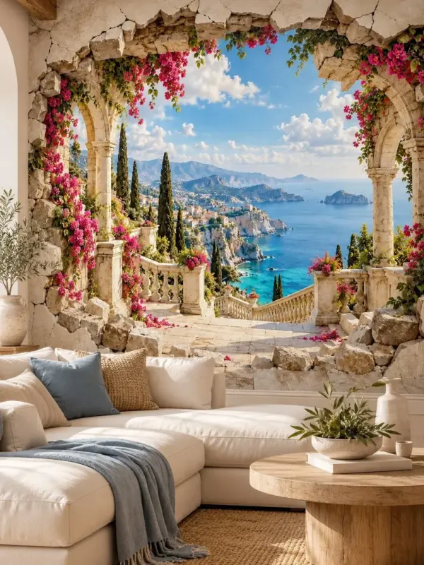 Mediterranean View Through a Flower Arch Wall Mural