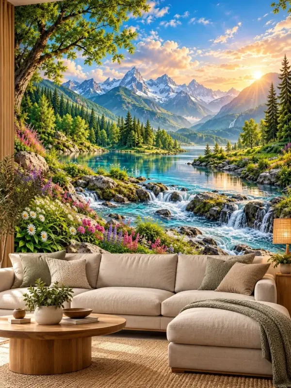 Mountain Waterfall and Blue Lake Wall Mural