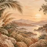 נוף טרופי עם צמחייה שופעת, מים רגועים והרים רחוקים בשקיעה, בגווני חום, ירוק וכתום