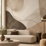 צורות גיאומטריות מופשטות בגווני בז', חום ושמנת, עם קווים חלקים במראה מינימליסטי
