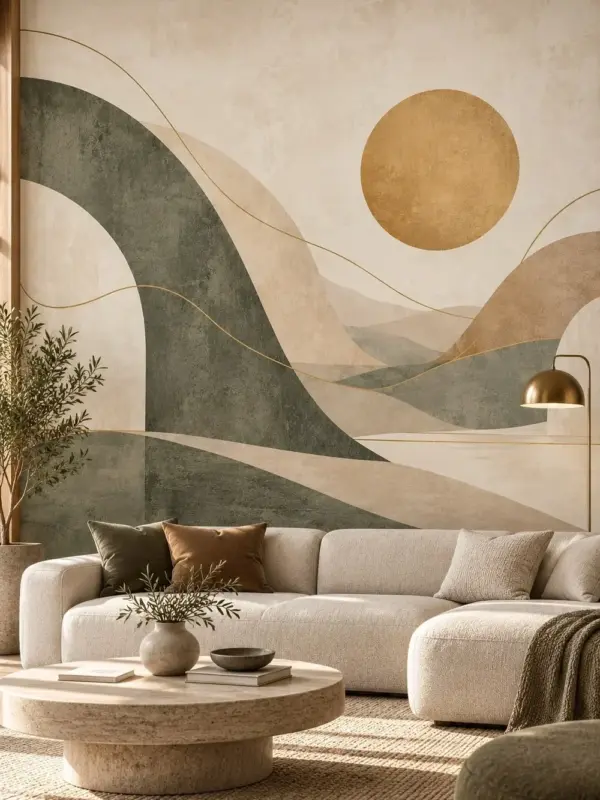 Sun Over Abstract Hills Green and Gold Wall Mural
