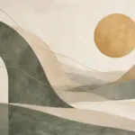 שמש גדולה מעל גבעות מופשטות בגווני בז', ירוק וזהב עם קווים חלקים