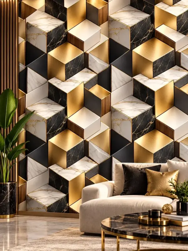 Luxury 3D Cubes Marble and Gold Wallpaper
