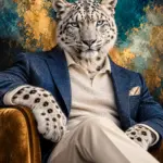 נמר עם עיניים כחולות בחליפה כחולה וחולצה בז' על כיסא חום, רקע טורקיז וזהב