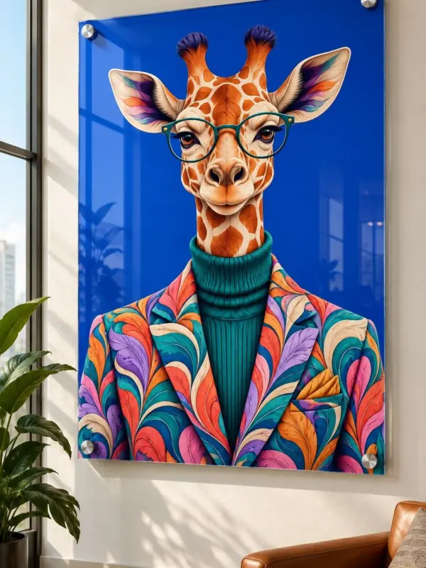 Cheerful Giraffe in a Suit Glass Wall Art