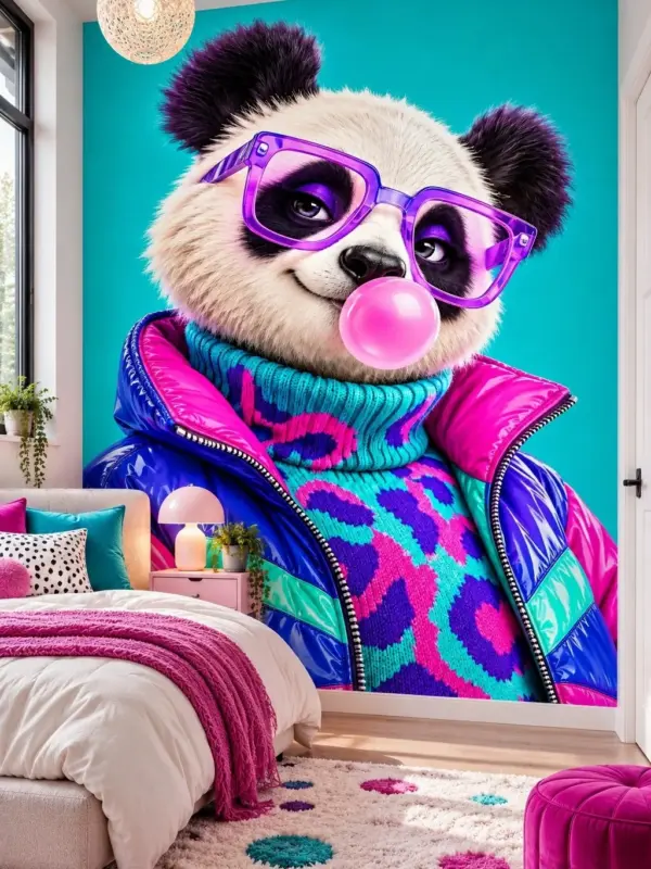 Panda with Sunglasses and Bubble Gum Glass Wall Art