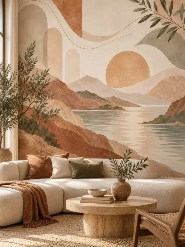 Sun Over Abstract River Landscape Wall Mural