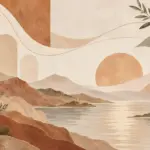 נוף מופשט עם שמש מעל גבעות ונהר בגוונים אדמתיים של חום, בז' וירוק.