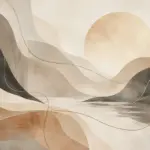 נוף מופשט עם גבעות מתפתלות ושמש גדולה בגווני בז', חום ואפור