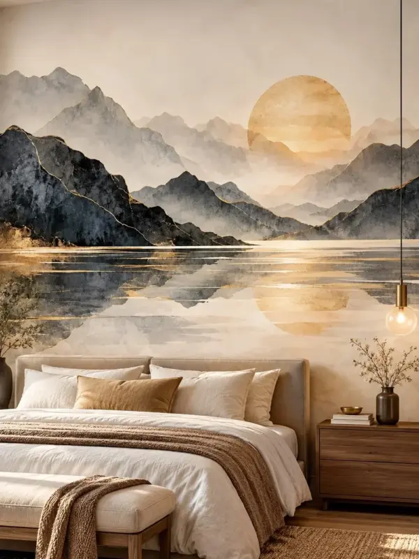 Watercolor Mountains with Glowing Sun Wall Mural
