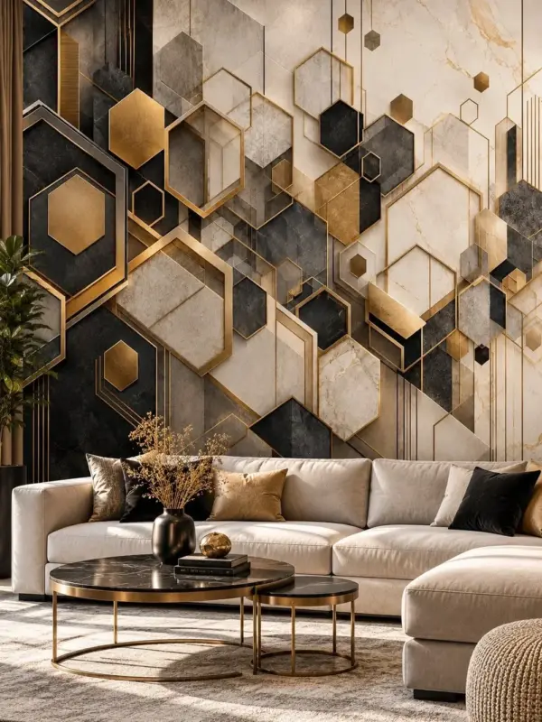 Gold and Black Hexagon Wallpaper Mural